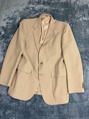 Perma-Prest Beige Blazer Jacket Classic Collection 42R Two-Button Polyester